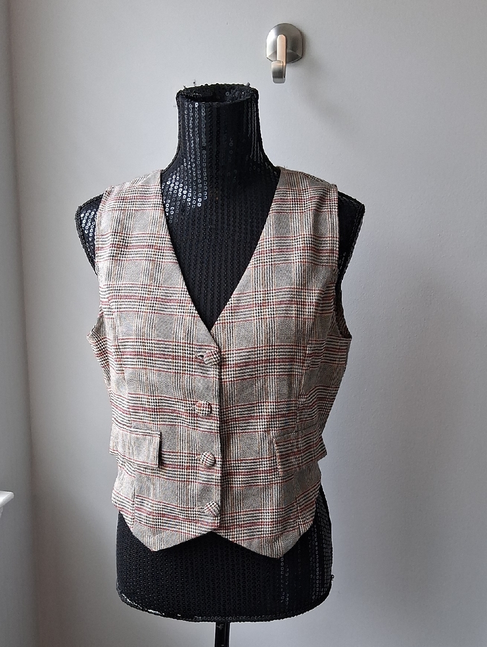 Beige Plaid Tailored Vest with Red Accents